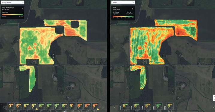 Crop Health Image (left) and yield map (right) for our soybean field that got SDS